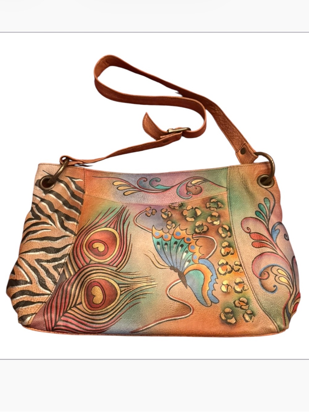 Anuschka Hand-Painted Leather Shoulder Bag with Butterfly, Peacock, Animal Print